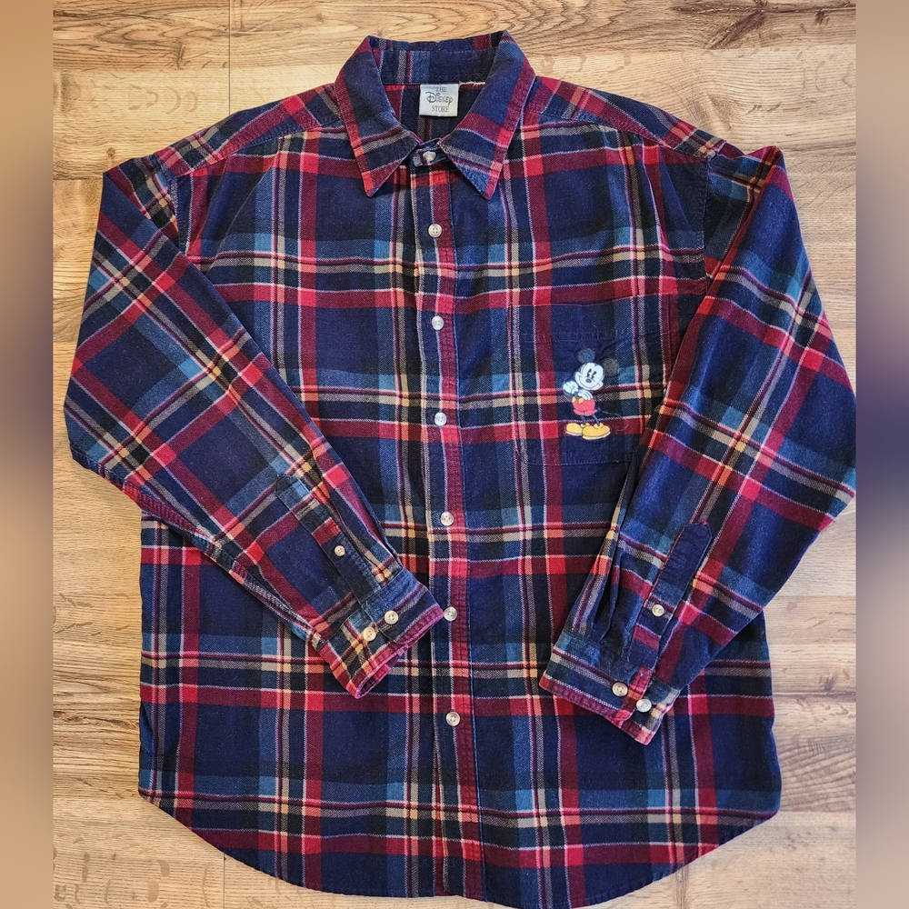 VTG 90s Disney Store Mickey Mouse Women's M/S ‎ Flannel Button Shirt Plaid